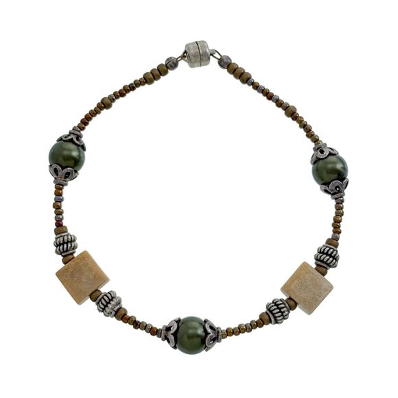 Silver Tone Black Pearl Bead Magnet Clasp Bracelet 7.5" - Picture 1 of 4